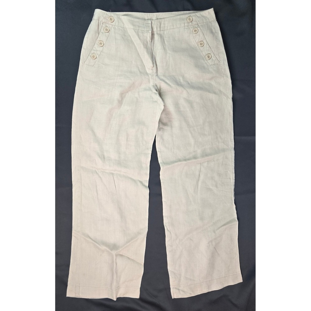 Sandro Beige 100% Linen Sailor Wide Leg Pants Beach Costal Womens 10 Trouser